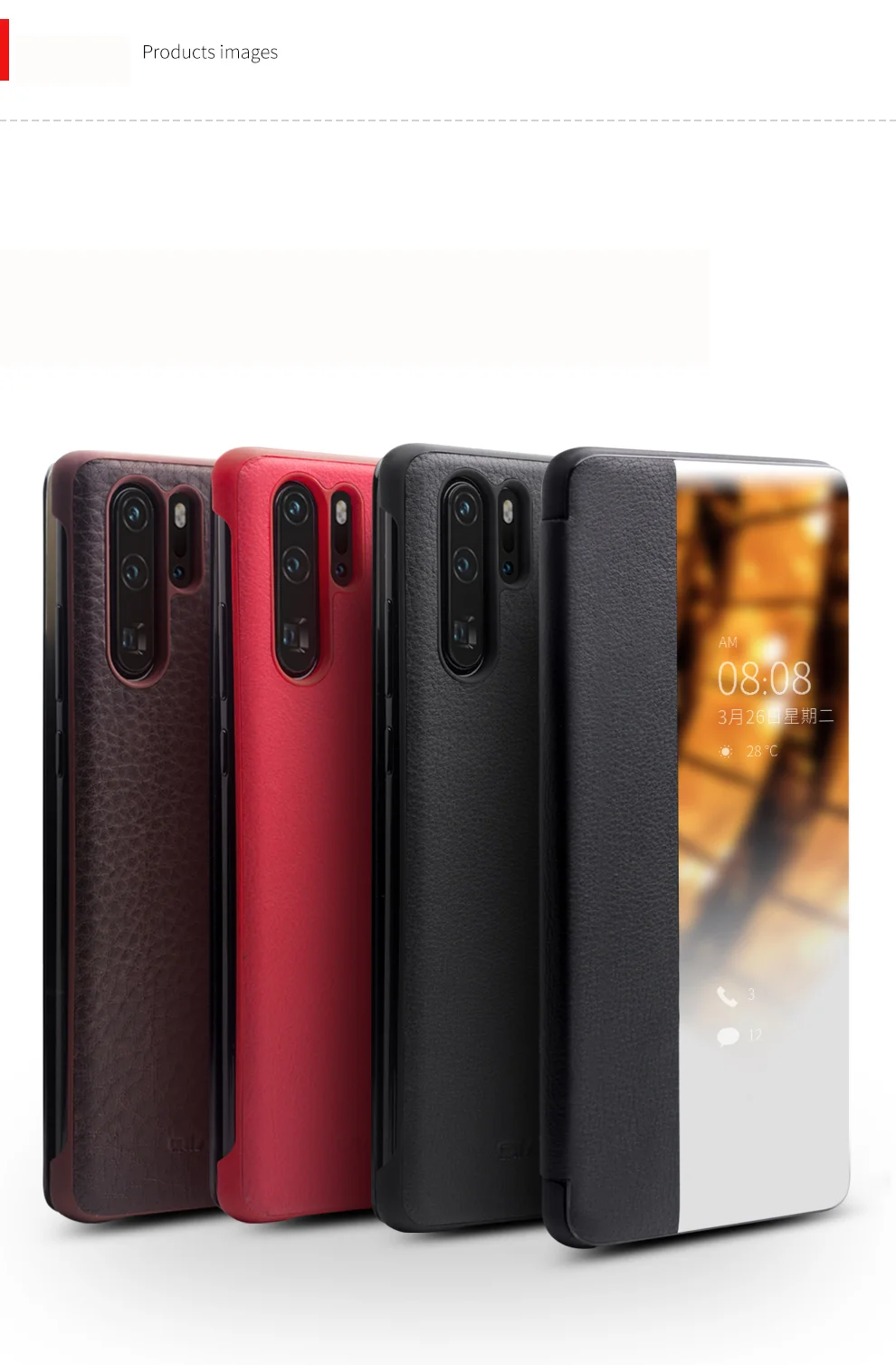 QIALINO for Huawei P30 Pro View Window Full Protection Cowhide Leather Smart Phone Case Cover - Black-Cellmalls