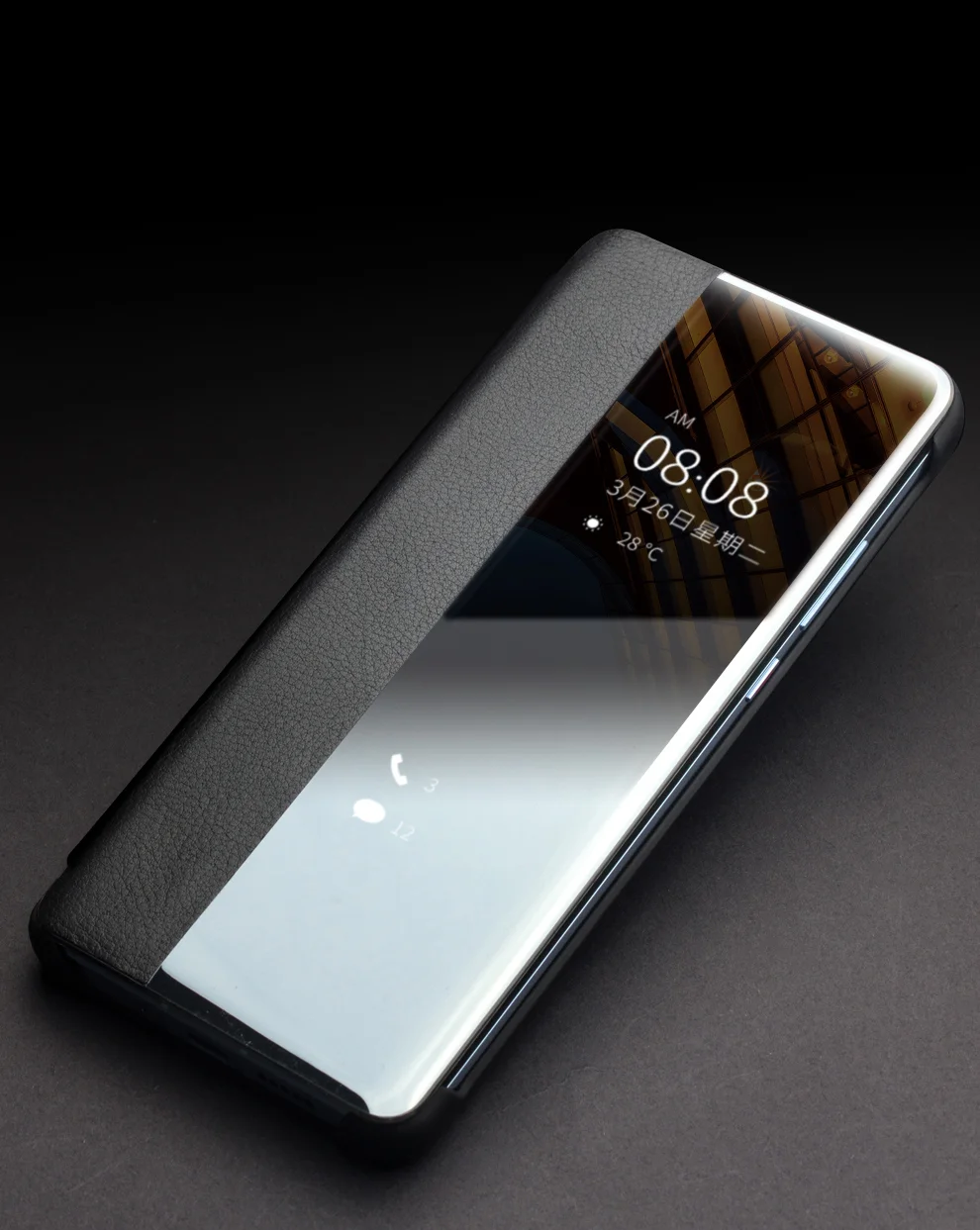 QIALINO for Huawei P30 Pro View Window Full Protection Cowhide Leather Smart Phone Case Cover - Black-Cellmalls