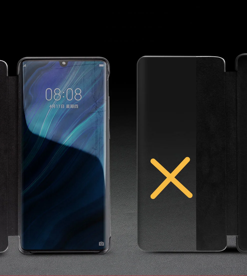 QIALINO for Huawei P30 Pro View Window Full Protection Cowhide Leather Smart Phone Case Cover - Black-Cellmalls