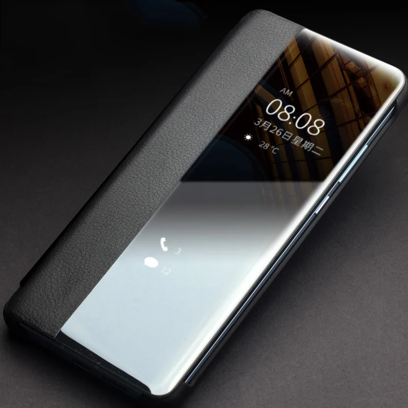 QIALINO for Huawei P30 View Window Cowhide Leather Smart Phone Case - Black-Cellmalls
