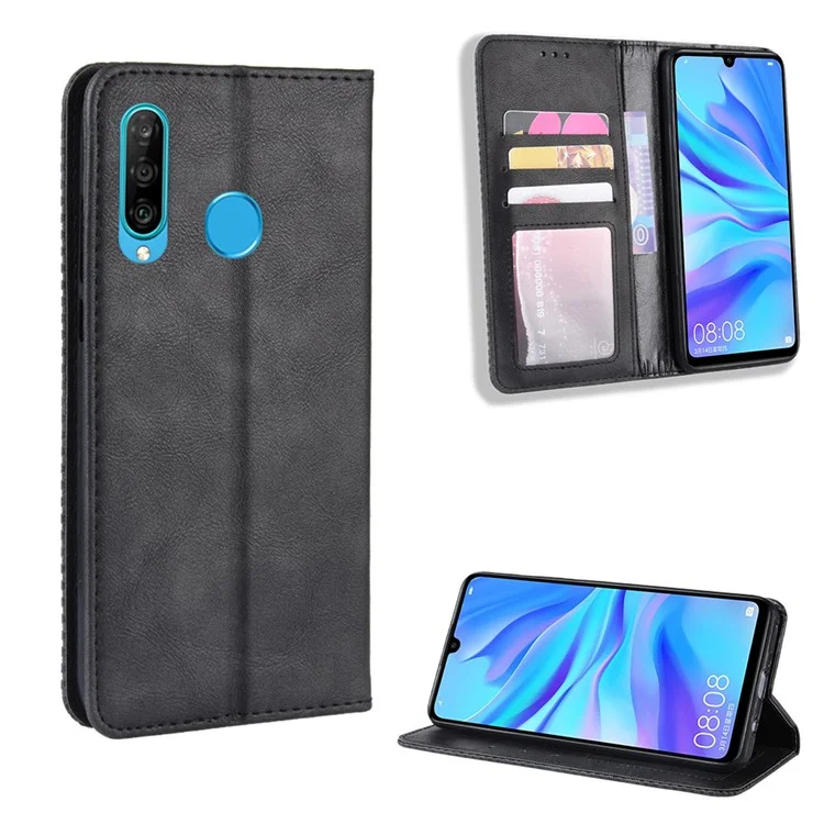 Auto-absorbed Vintage Leather Wallet Phone Shell for Huawei P30 Lite/nova 4e/P30 Lite New Edition - Black-Cellmalls