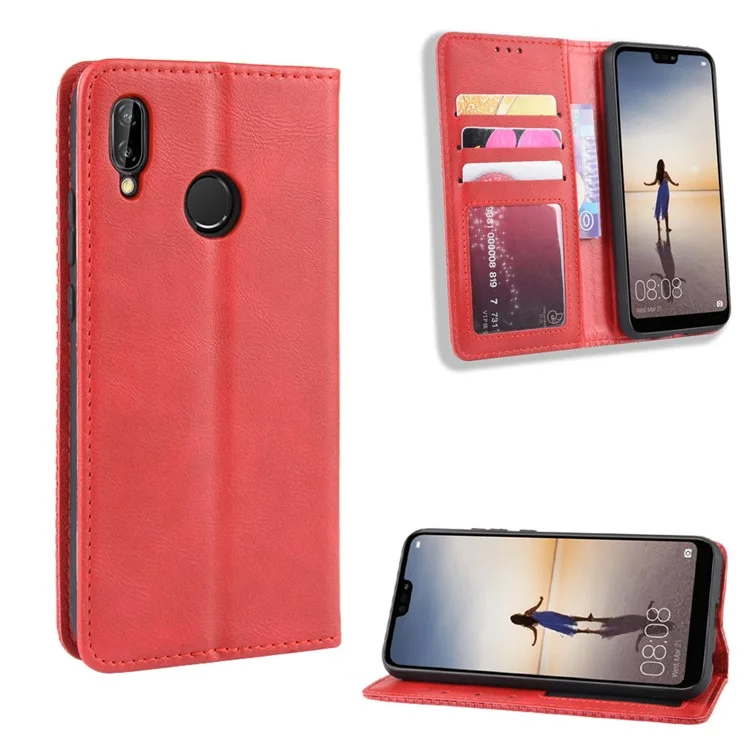 Vintage Style Magnetic Leather Wallet Protective Cell Phone Cover Case for Huawei P20 Lite (2018) / Nova 3e - Black-Cellmalls