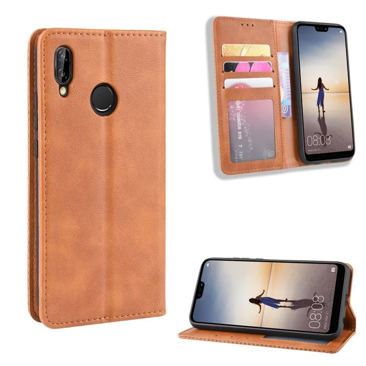 Vintage Style Magnetic Leather Wallet Protective Cell Phone Cover Case for Huawei P20 Lite (2018) / Nova 3e - Black-Cellmalls