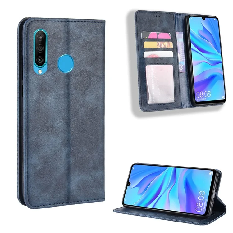 Auto-absorbed Vintage Leather Wallet Phone Shell for Huawei P30 Lite/nova 4e/P30 Lite New Edition - Black-Cellmalls