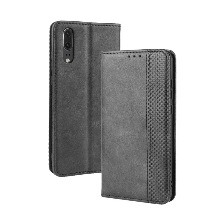 Retro PU Leather Wallet Stand Phone Cover Casing for Huawei P20 - Black-Cellmalls