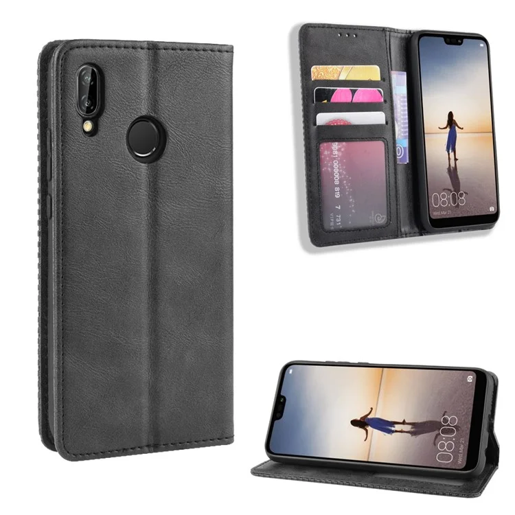 Vintage Style Magnetic Leather Wallet Protective Cell Phone Cover Case for Huawei P20 Lite (2018) / Nova 3e - Black-Cellmalls