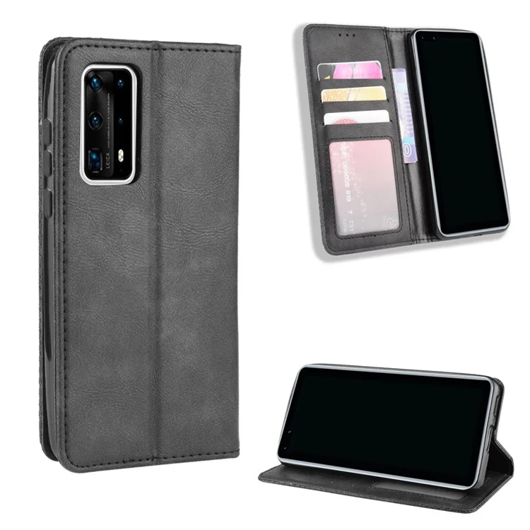 Retro Leather with Wallet Stand Cover for Huawei P40 Pro+ - Black-Cellmalls