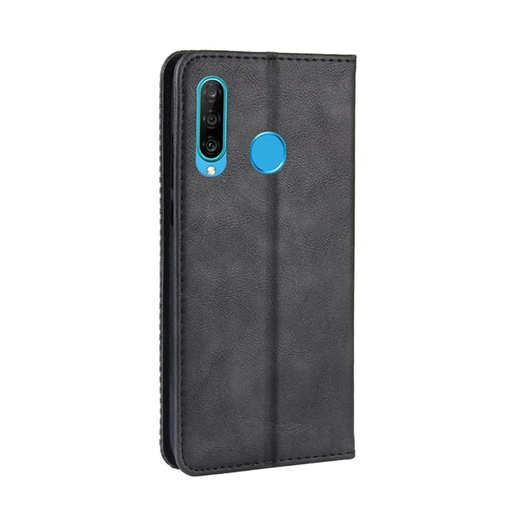 Auto-absorbed Vintage Leather Wallet Phone Shell for Huawei P30 Lite/nova 4e/P30 Lite New Edition - Black-Cellmalls