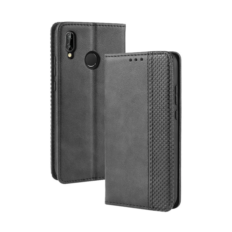 Vintage Style Magnetic Leather Wallet Protective Cell Phone Cover Case for Huawei P20 Lite (2018) / Nova 3e - Black-Cellmalls