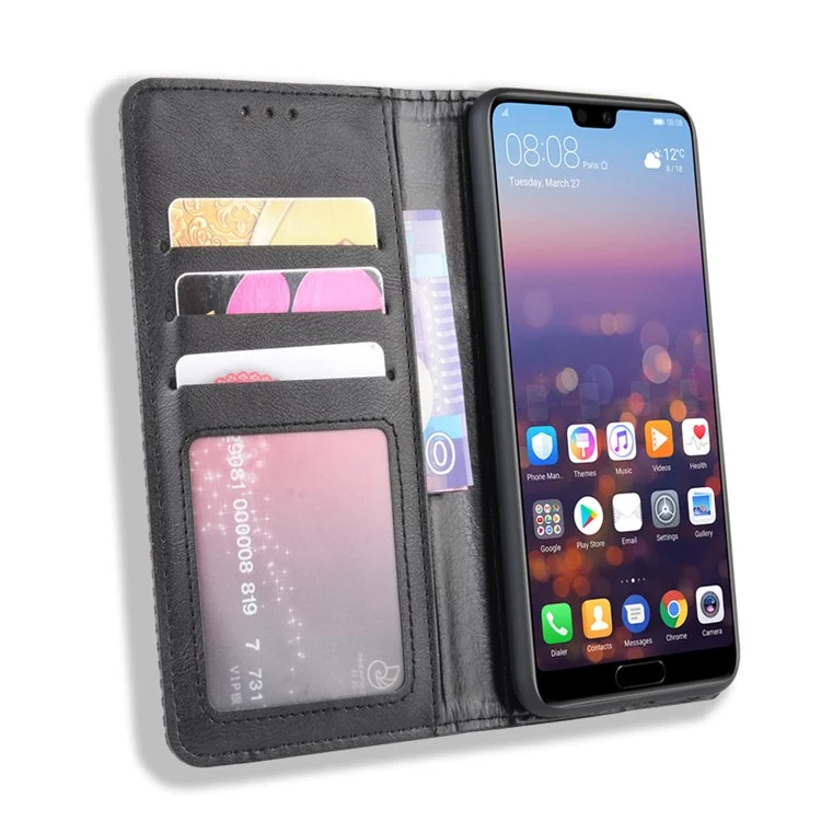 Retro PU Leather Wallet Stand Phone Cover Casing for Huawei P20 - Black-Cellmalls