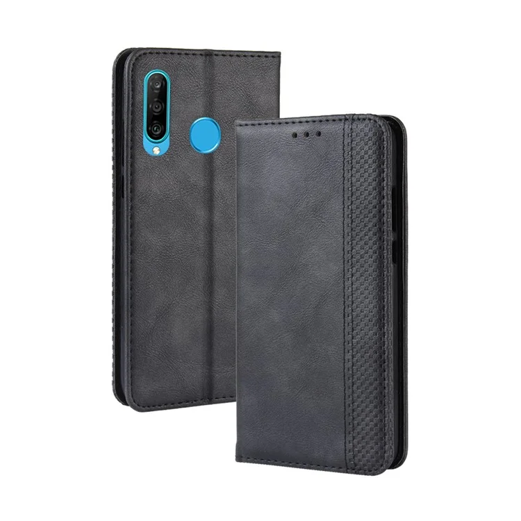Auto-absorbed Vintage Leather Wallet Phone Shell for Huawei P30 Lite/nova 4e/P30 Lite New Edition - Black-Cellmalls