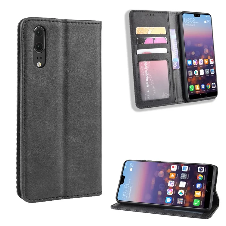 Retro PU Leather Wallet Stand Phone Cover Casing for Huawei P20 - Black-Cellmalls