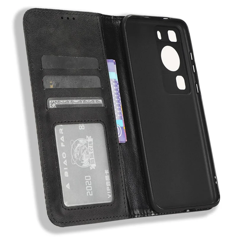 Phone Stand Cover for Huawei P60 / P60 Pro Magnetic Retro PU Leather Cell Phone Wallet Case - Black-Cellmalls