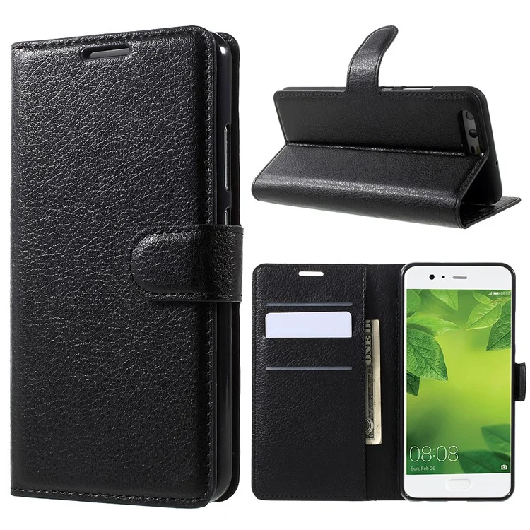 For Huawei P10 Litchi Skin Leather Stand Cover with Separated Wallet Design Anti-Collision Protection - Black-Cellmalls