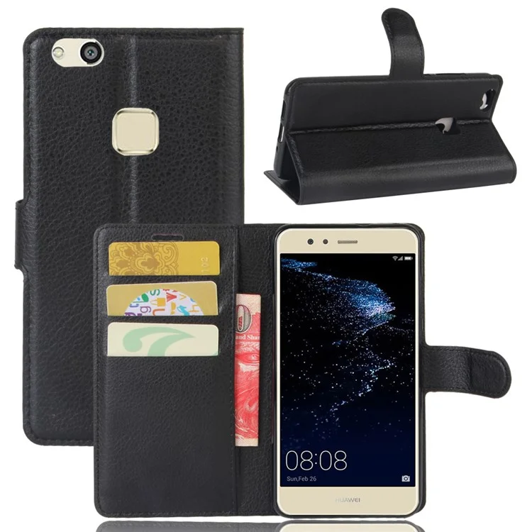Lychee Litchi Skin Wallet Leather Cover with Stand for Huawei P10 Lite Mobile Cell Phone Accessory - Black-Cellmalls