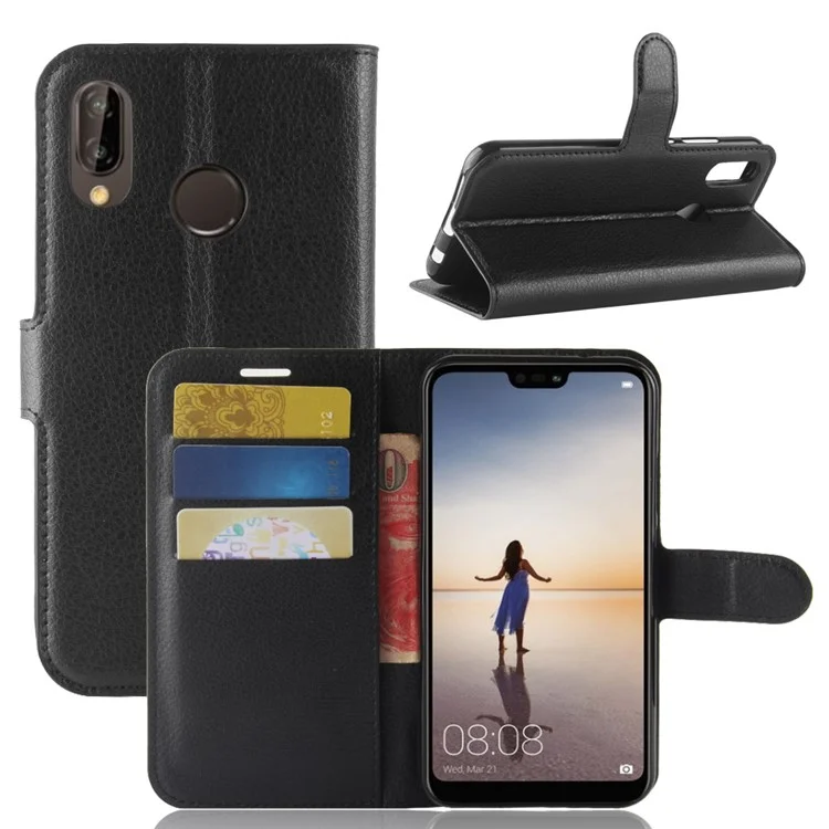 Litchi Texture Wallet Stand Leather Phone Accessory Case for Huawei P20 Lite / Nova 3e - Black-Cellmalls