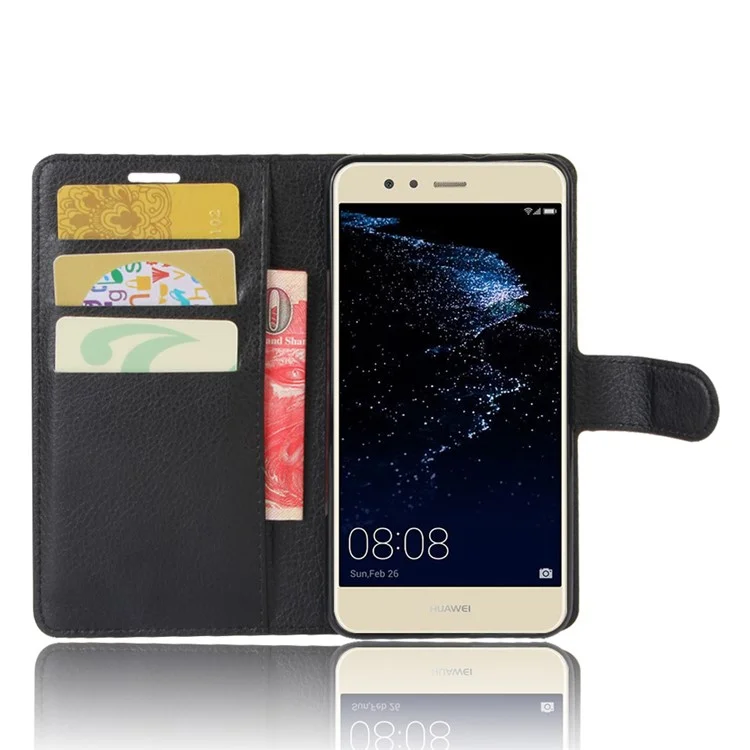 Lychee Litchi Skin Wallet Leather Cover with Stand for Huawei P10 Lite Mobile Cell Phone Accessory - Black-Cellmalls