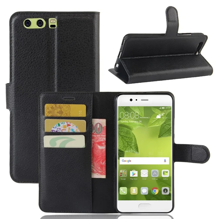 Lychee Grain Wallet Leather Phone Case for Huawei P10 Plus - Black-Cellmalls