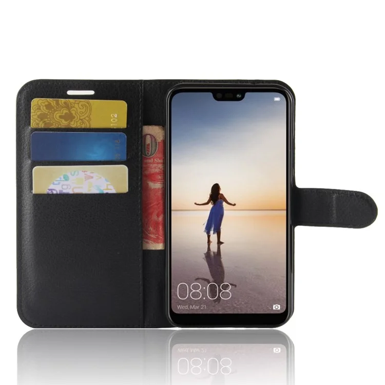 Litchi Texture Wallet Stand Leather Phone Accessory Case for Huawei P20 Lite / Nova 3e - Black-Cellmalls