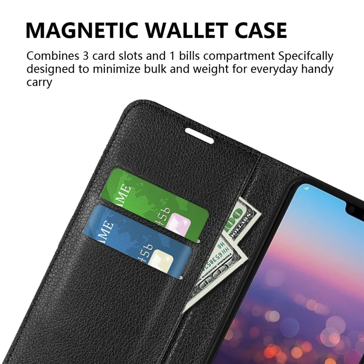 For Huawei P20 Litchi Texture Wallet Stand Leather Phone Accessory Case - Black-Cellmalls