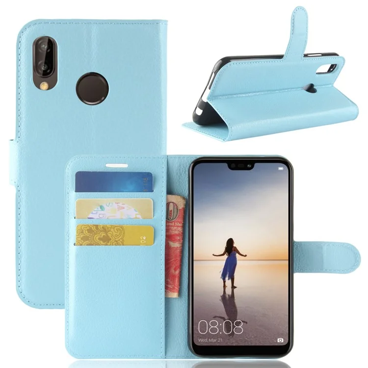 Litchi Texture Wallet Stand Leather Phone Accessory Case for Huawei P20 Lite / Nova 3e - Black-Cellmalls
