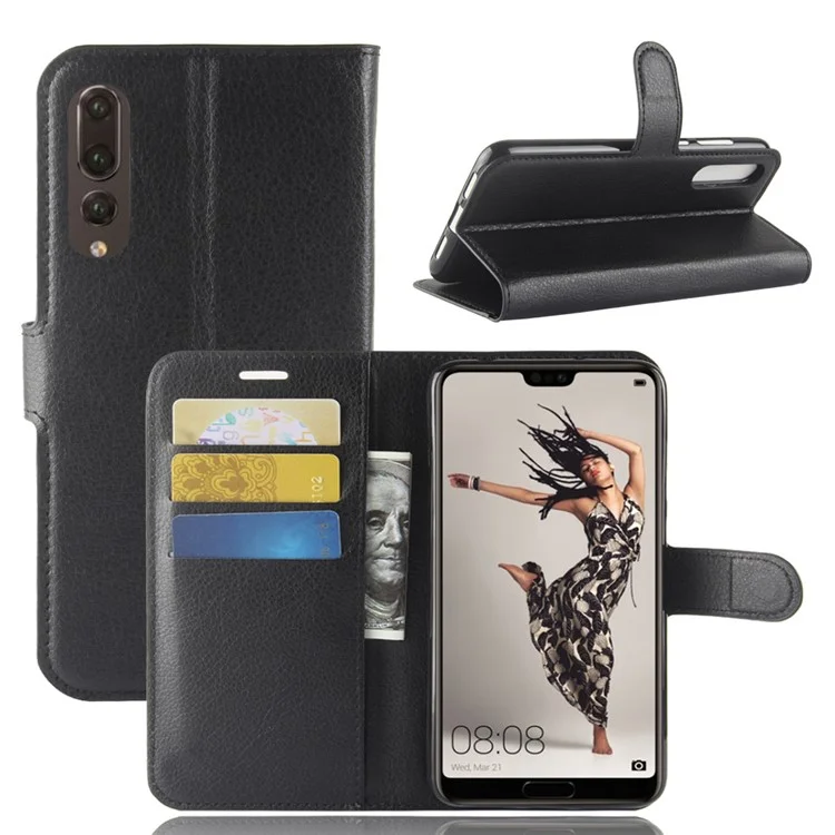 Litchi Texture Stand Wallet Stand Phone Leather Case for Huawei P20 Pro Mobile Phone Accessory - Black-Cellmalls