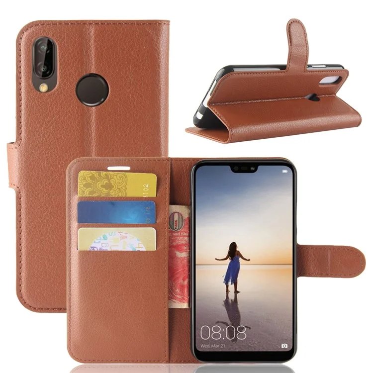 Litchi Texture Wallet Stand Leather Phone Accessory Case for Huawei P20 Lite / Nova 3e - Black-Cellmalls