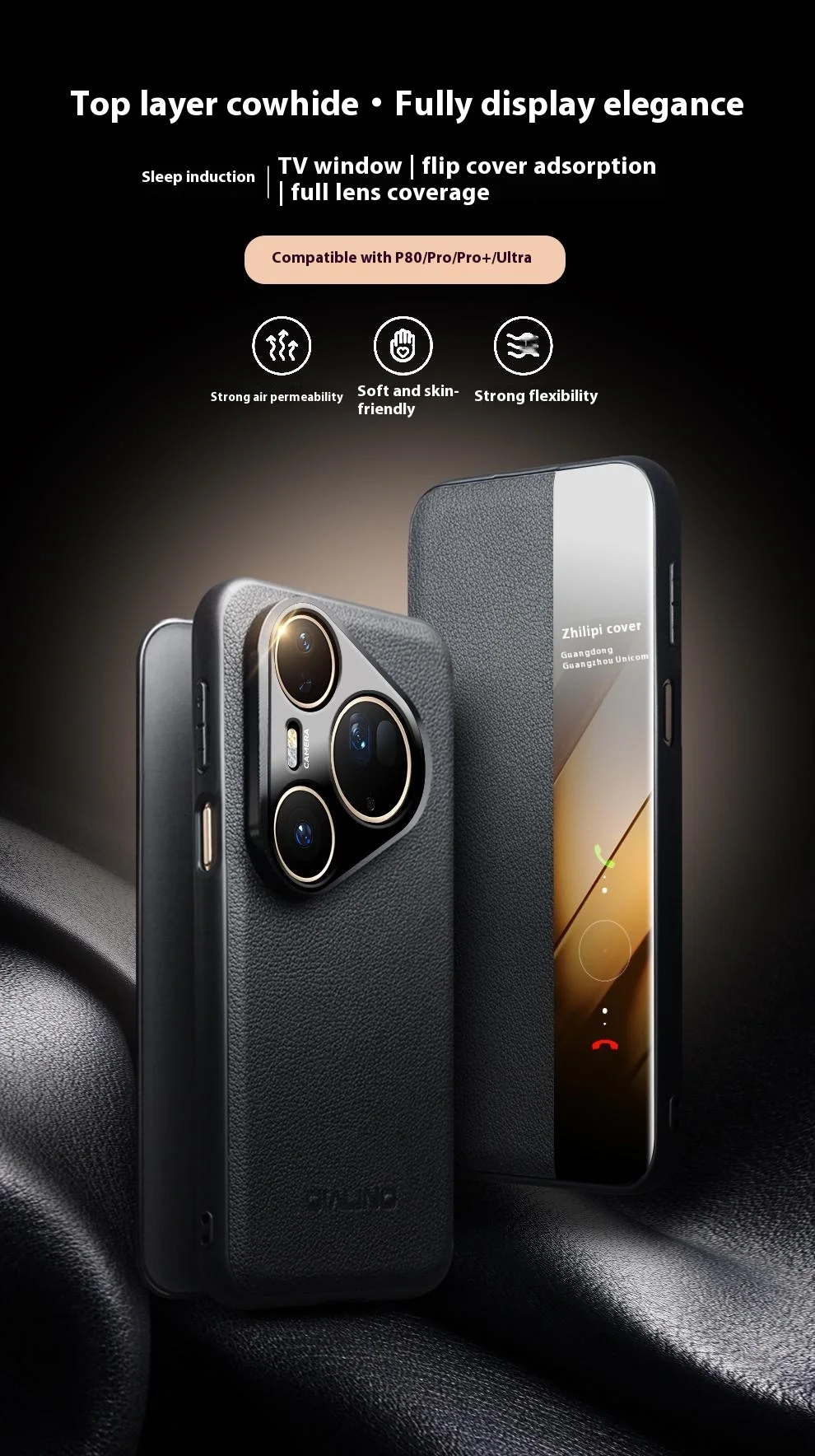 QIALINO For Huawei Pura 80 Case Window View Auto Wake  /  Sleep Genuine Cow Leather Flip Phone Cover - Black-Cellmalls