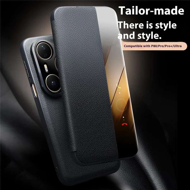 QIALINO For Huawei Pura 80 Pro / 80 Pro+ Case Window View Auto Wake / Sleep Genuine Cow Leather Flip Phone Cover - Black-Cellmalls