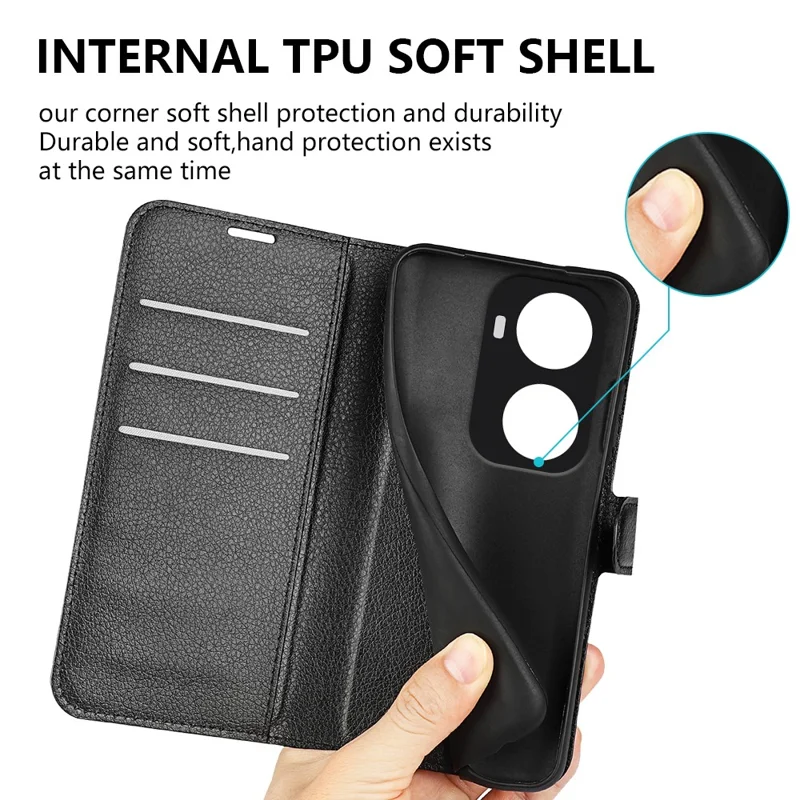 For Huawei nova 11 SE / nova 12 SE 4G Leather Case Litchi Texture Stand Phone Wallet Cover - Black-Cellmalls