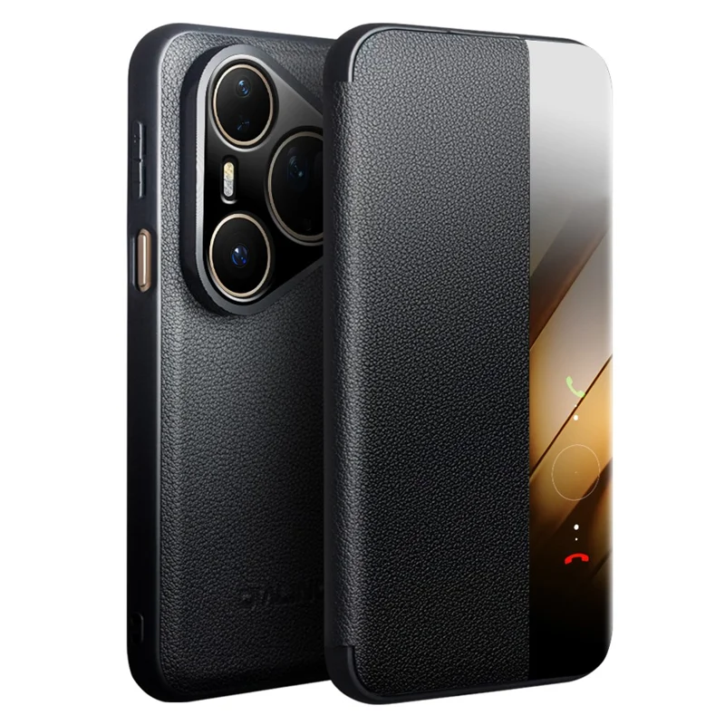 QIALINO For Huawei Pura 80 Ultra Case Window View Auto Wake / Sleep Genuine Cow Leather Flip Phone Cover - Black-Cellmalls
