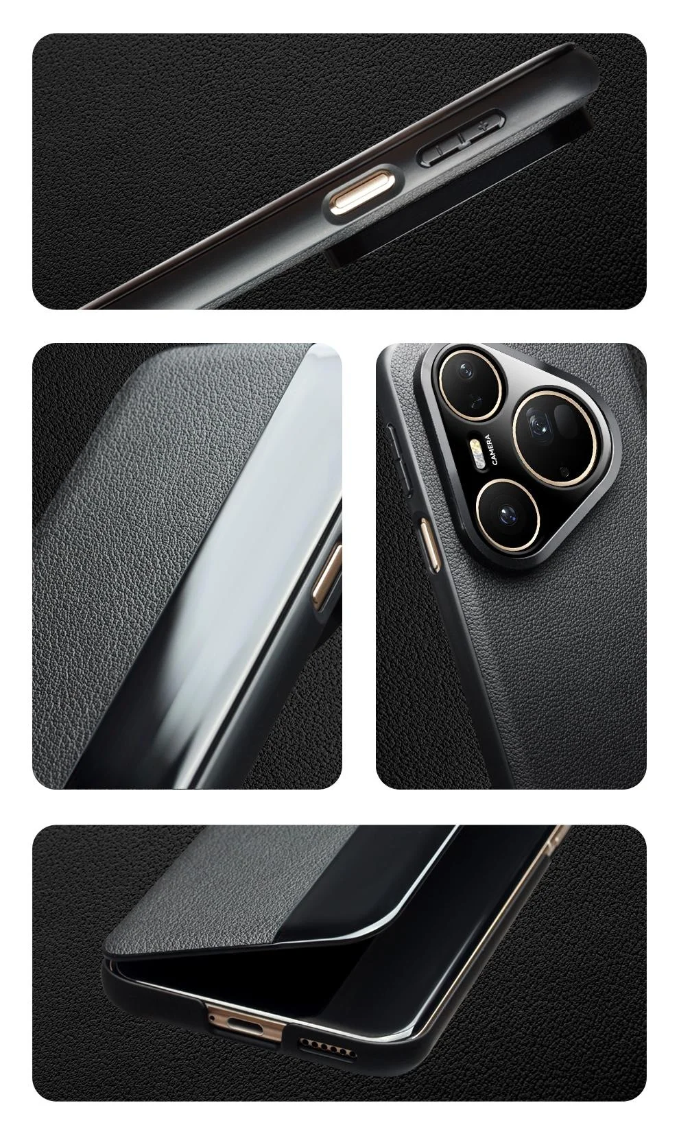 QIALINO For Huawei Pura 80 Case Window View Auto Wake  /  Sleep Genuine Cow Leather Flip Phone Cover - Black-Cellmalls