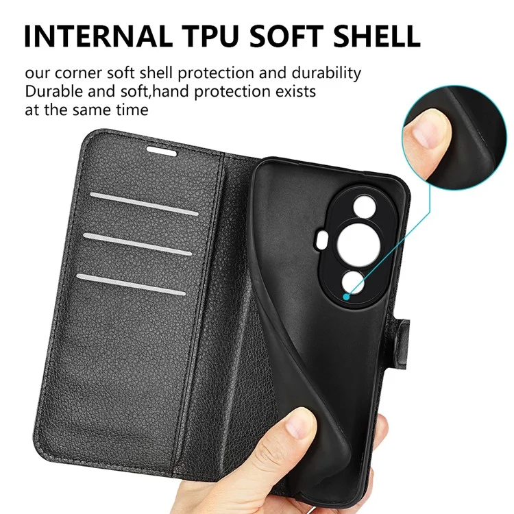 For Huawei nova 11 Pro / nova 11 Ultra Dustproof Phone Cover TPU + PU Leather Litchi Texture Phone Stand Case Wallet - Black-Cellmalls