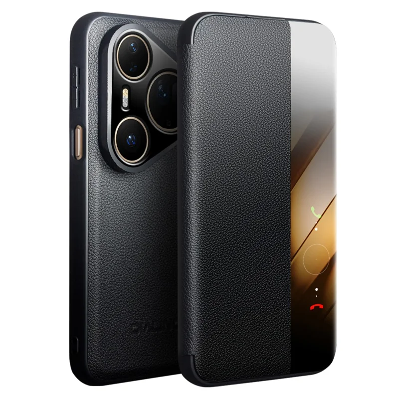 QIALINO For Huawei Pura 80 Case Window View Auto Wake  /  Sleep Genuine Cow Leather Flip Phone Cover - Black-Cellmalls