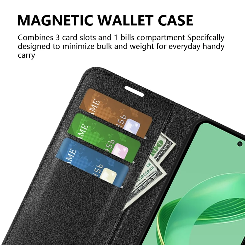 For Huawei nova 11 SE / nova 12 SE 4G Leather Case Litchi Texture Stand Phone Wallet Cover - Black-Cellmalls