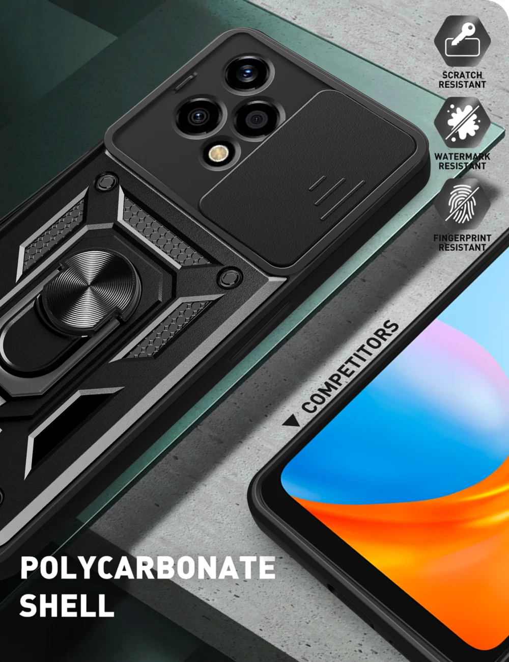 For Honor 200 Lite Case PC+TPU Kickstand Phone Shell with Slide Camera Lid - Black-Cellmalls