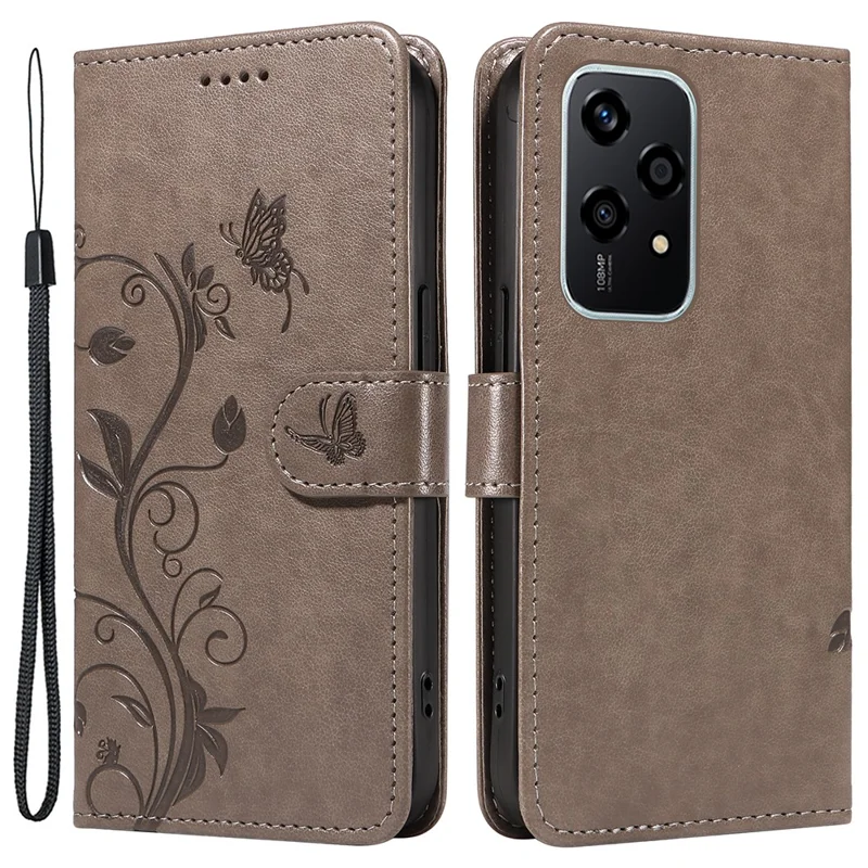 For Honor 200 Lite PU Leather Cases Flower Pattern Wallet Stand Phone Cover with Strap - Grey-Cellmalls