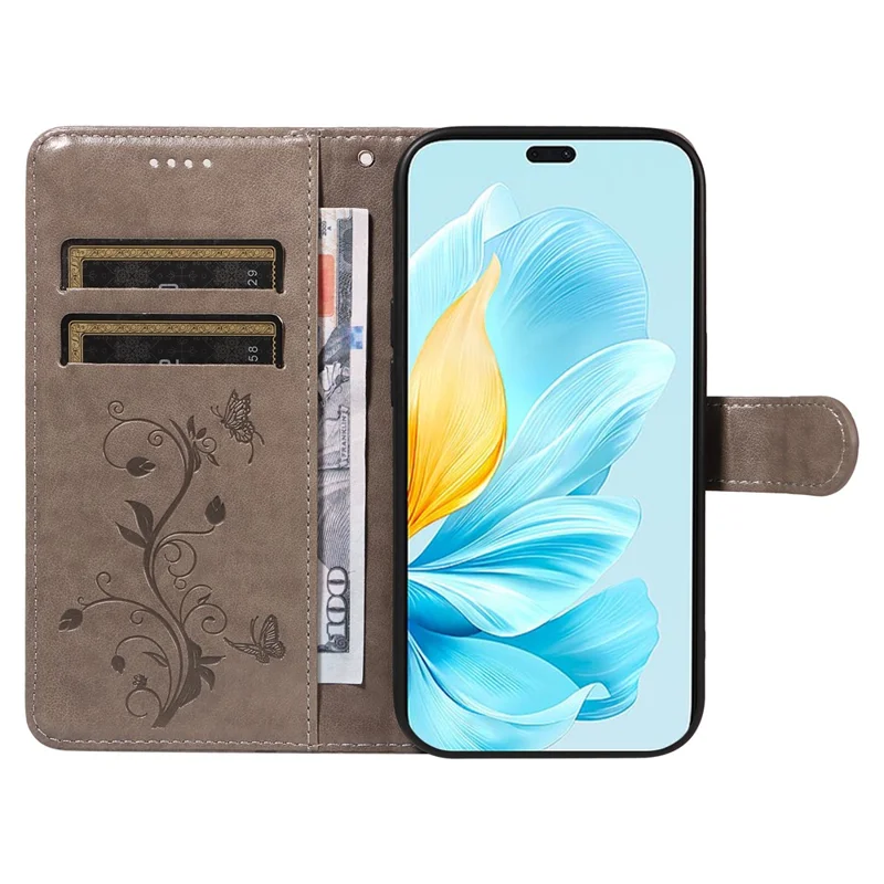 For Honor 200 Lite PU Leather Cases Flower Pattern Wallet Stand Phone Cover with Strap - Grey-Cellmalls