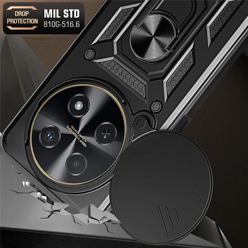 For Huawei nova 12i 4G Case with Slide Camera Lid PC+TPU Kickstand Phone Cover - Black-Cellmalls