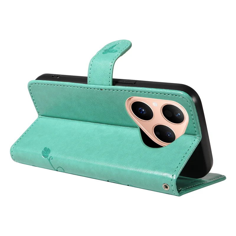 For Huawei Pura 80 PU Leather Cases Flower Pattern Wallet Stand Phone Cover with Strap - Green-Cellmalls