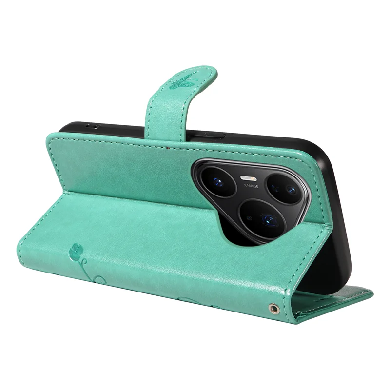 For Huawei Pura 80 Pro+ / Huawei Pura 80 Pro PU Leather Cases Flower Pattern Wallet Stand Phone Cover with Strap - Green-Cellmalls