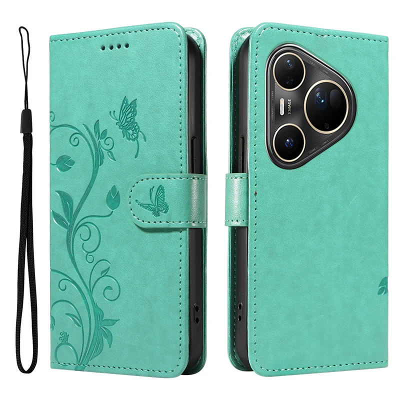 For Huawei Pura 80 Ultra PU Leather Cases Flower Pattern Wallet Stand Phone Cover with Strap - Green-Cellmalls