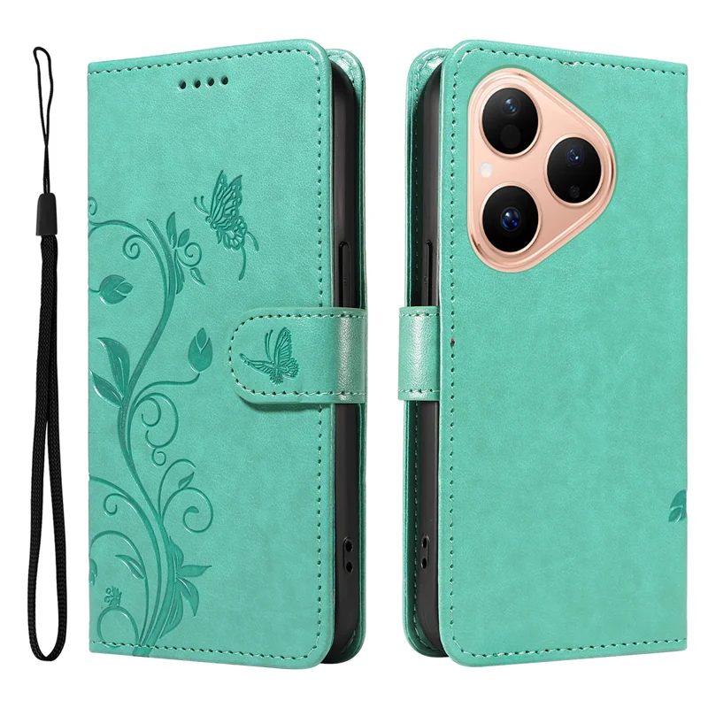 For Huawei Pura 80 PU Leather Cases Flower Pattern Wallet Stand Phone Cover with Strap - Green-Cellmalls