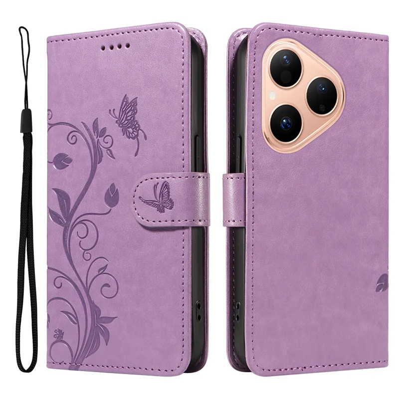 For Huawei Pura 80 PU Leather Cases Flower Pattern Wallet Stand Phone Cover with Strap - Green-Cellmalls