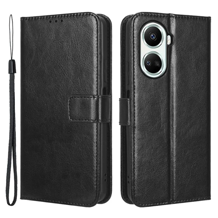 For Huawei nova 10 SE 4G Crazy Horse Texture PU Leather Full Protection Phone Case Magnetic Clasp Wallet Stand Phone Cover with Strap - Black-Cellmalls