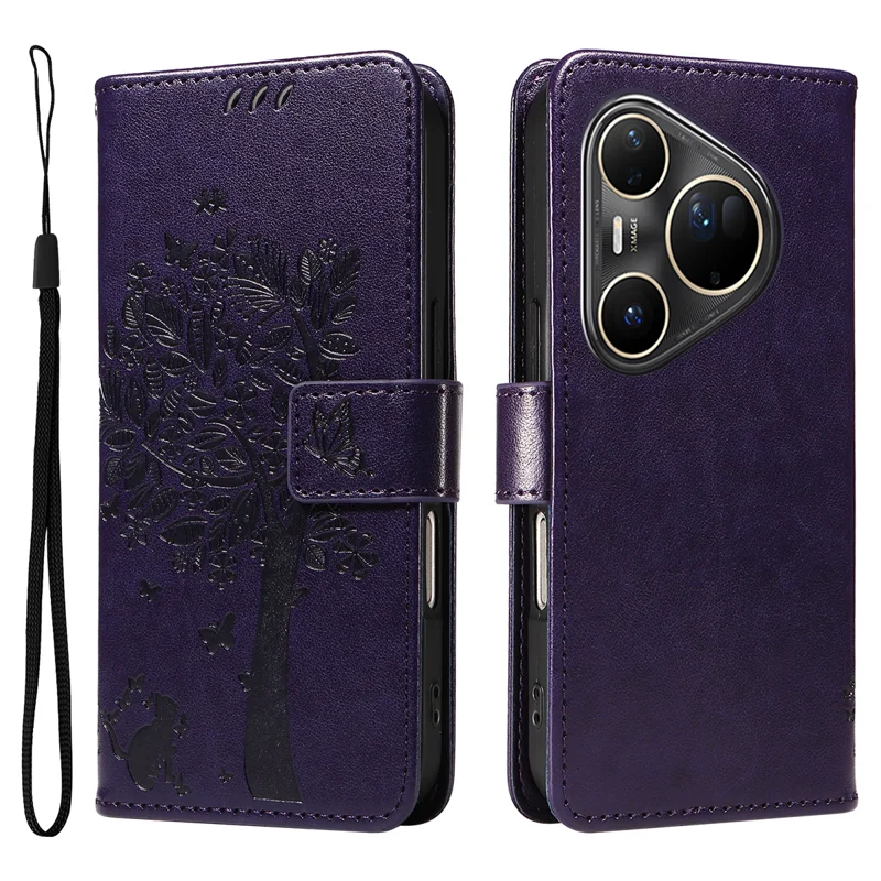 For Huawei Pura 80 Ultra Phone Case with Stand Cat Tree Pattern Leather Wallet Mobile Cover - Grey-Cellmalls