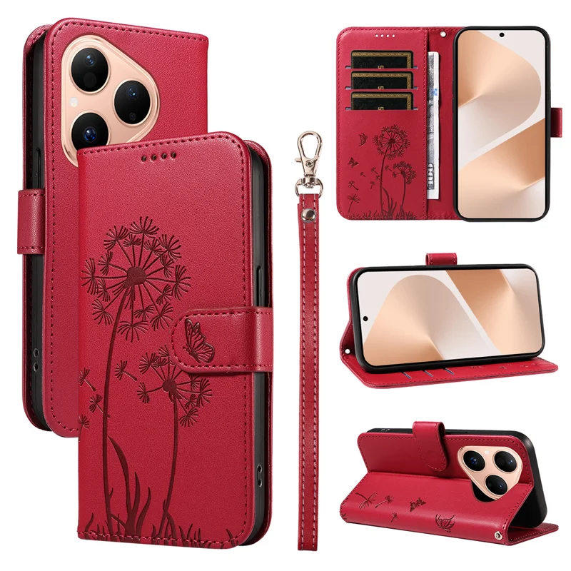 For Huawei Pura 80 Leather Wallet Case with Strap Dandelion Imprint Phone Stand Cover - Red-Cellmalls