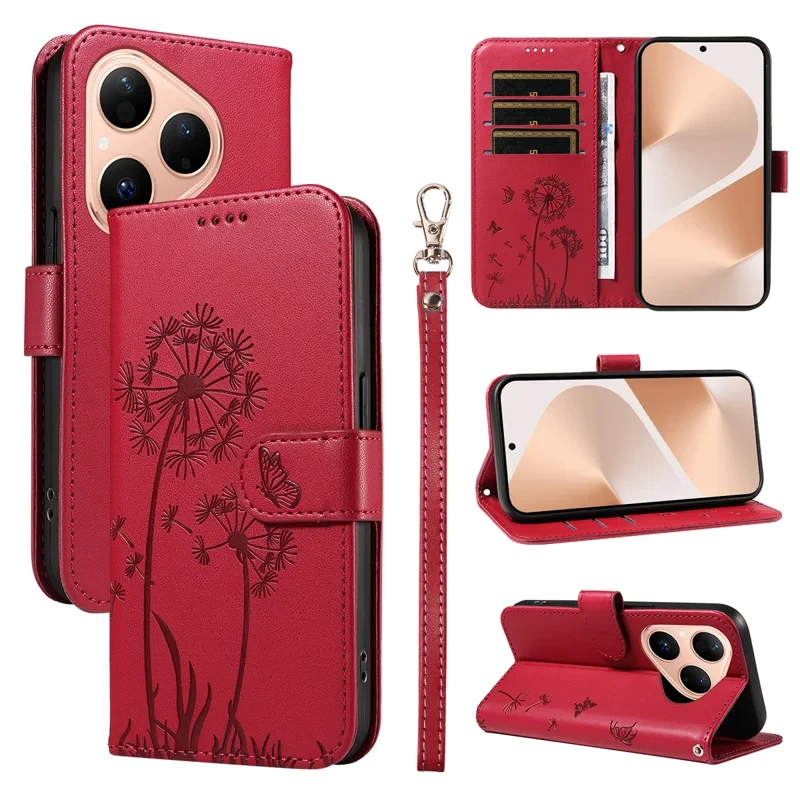 For Huawei Pura 80 Leather Wallet Case with Strap Dandelion Imprint Phone Stand Cover - Red-Cellmalls