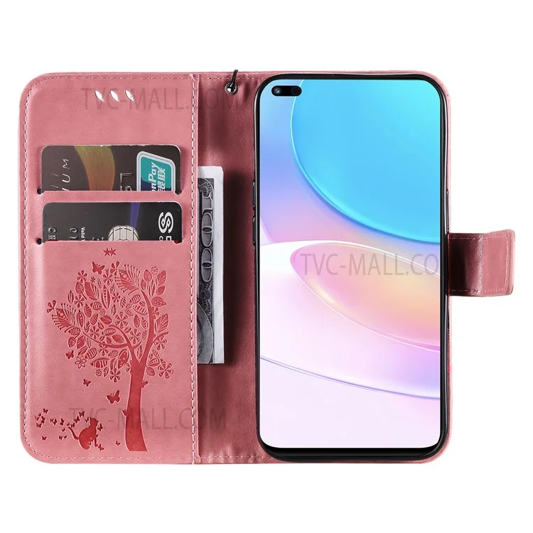 For Huawei nova 8i / Honor 50 Lite Phone Case with Stand Cat Tree Pattern Leather Wallet Mobile Cover - Pink-Cellmalls
