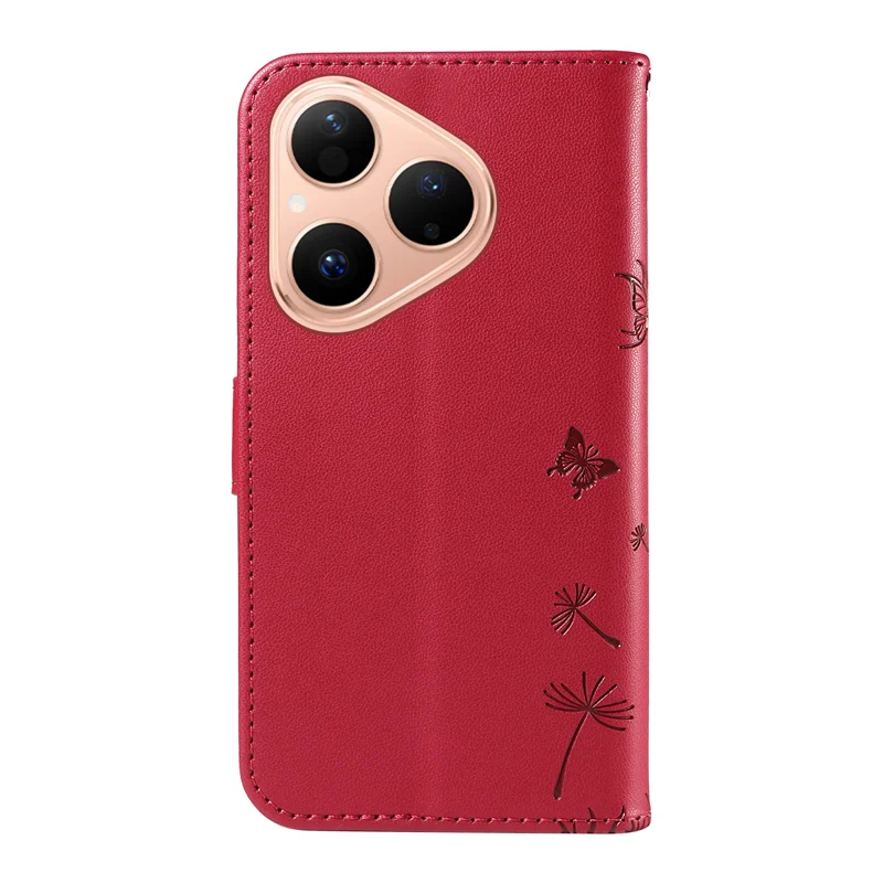 For Huawei Pura 80 Leather Wallet Case with Strap Dandelion Imprint Phone Stand Cover - Red-Cellmalls